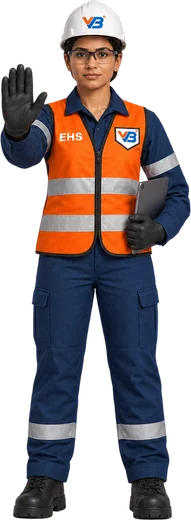 VB safety character in a white helmet, orange high-visibility vest and blue coveralls holding up a hand to stop