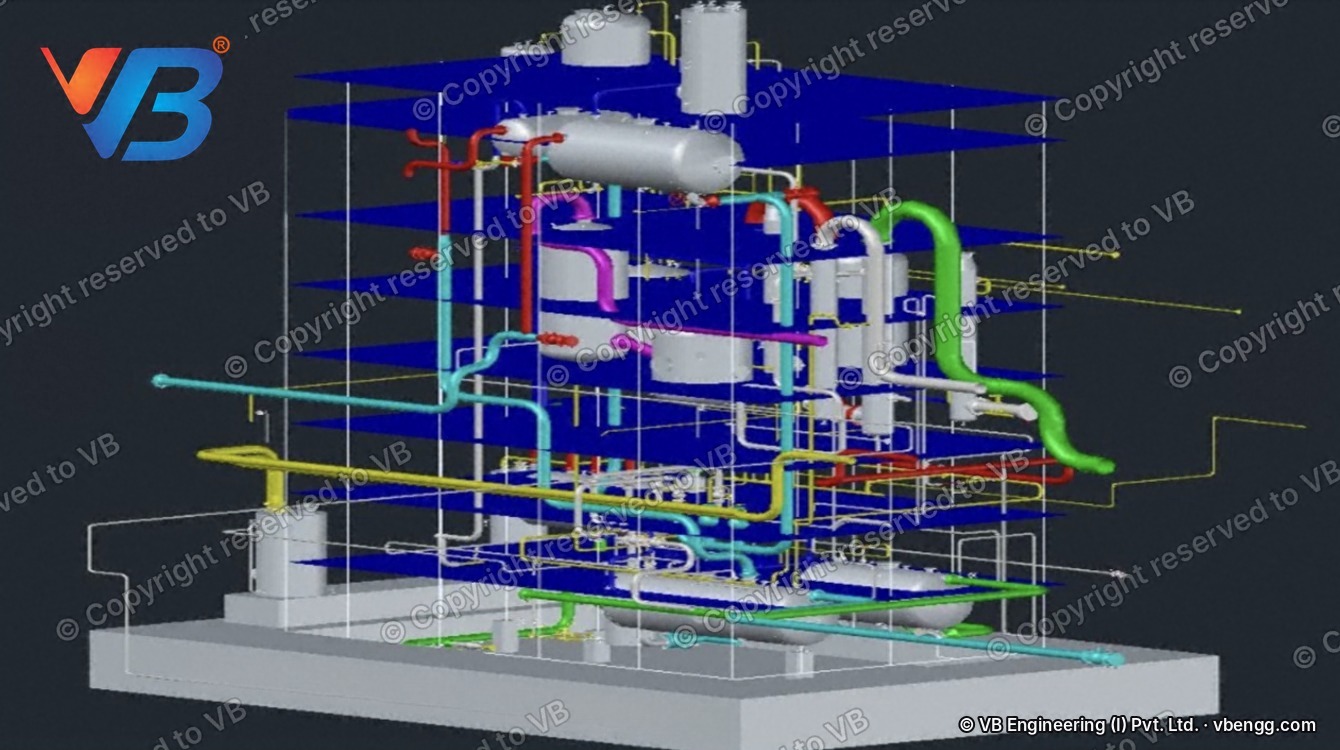 3D plant model of a multi-level steel structure with equipment, platforms, stairs and piping