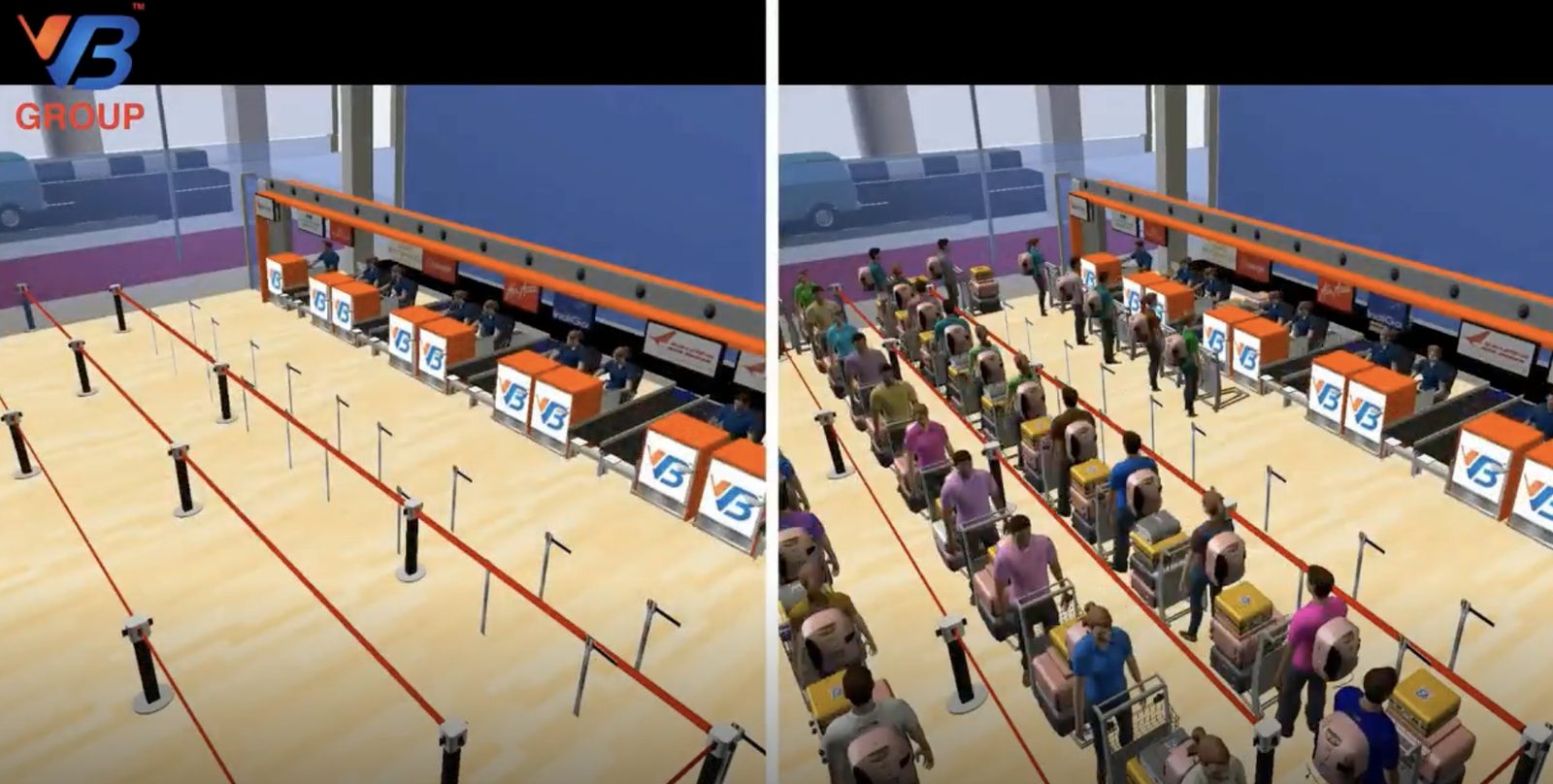FlexSim 3D model of an airport check-in hall with queue rails, counters and passengers