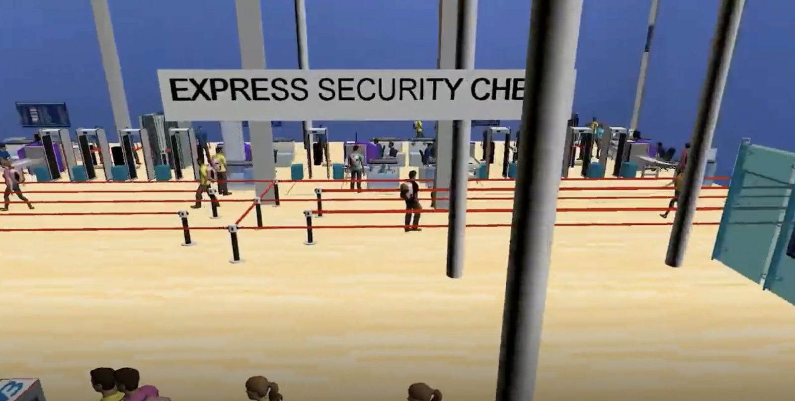 FlexSim model of an express security check lane beside standard lanes in an airport terminal