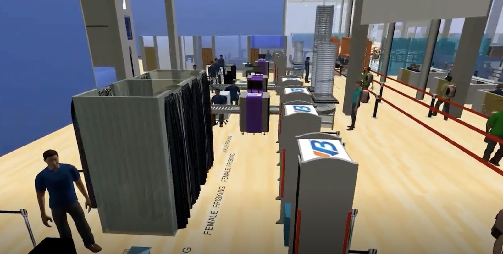 FlexSim model of frisking booths and a walk-through metal detector at an airport security checkpoint