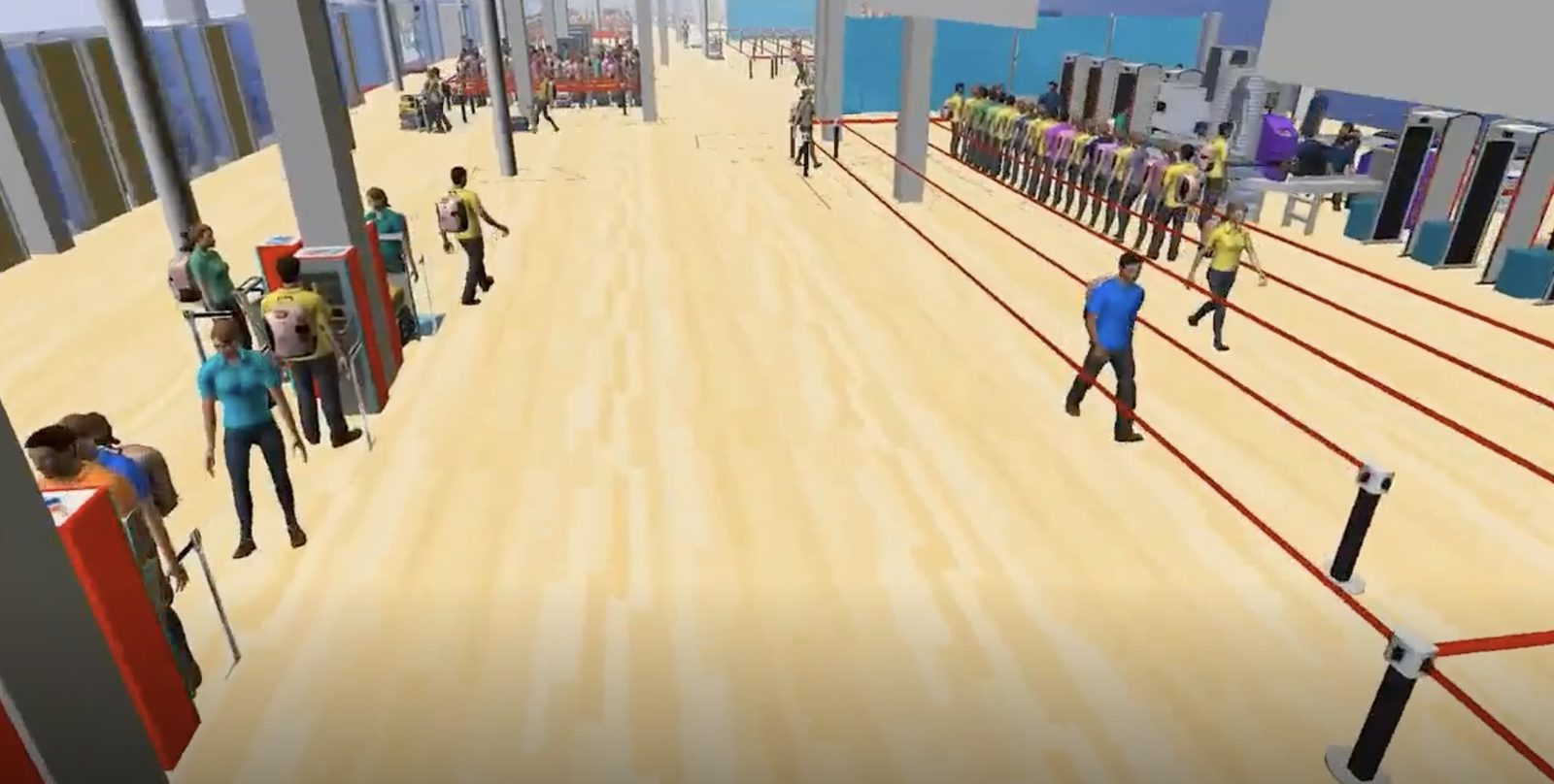 Passengers moving through roped queue lanes toward security in a FlexSim airport terminal model