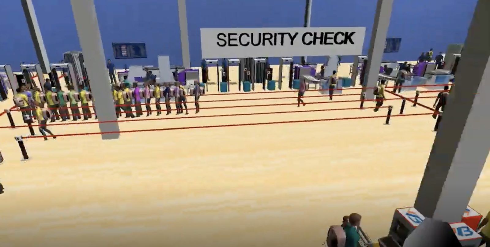 FlexSim 3D model of an airport security screening hall with queue lanes, X-ray machines and frisking booths