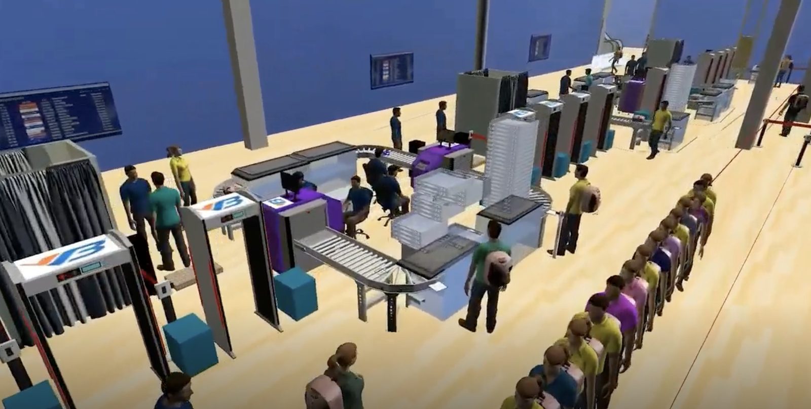 FlexSim 3D model of an airport security hall with X-ray lanes, walk-through detectors and a queue of passengers