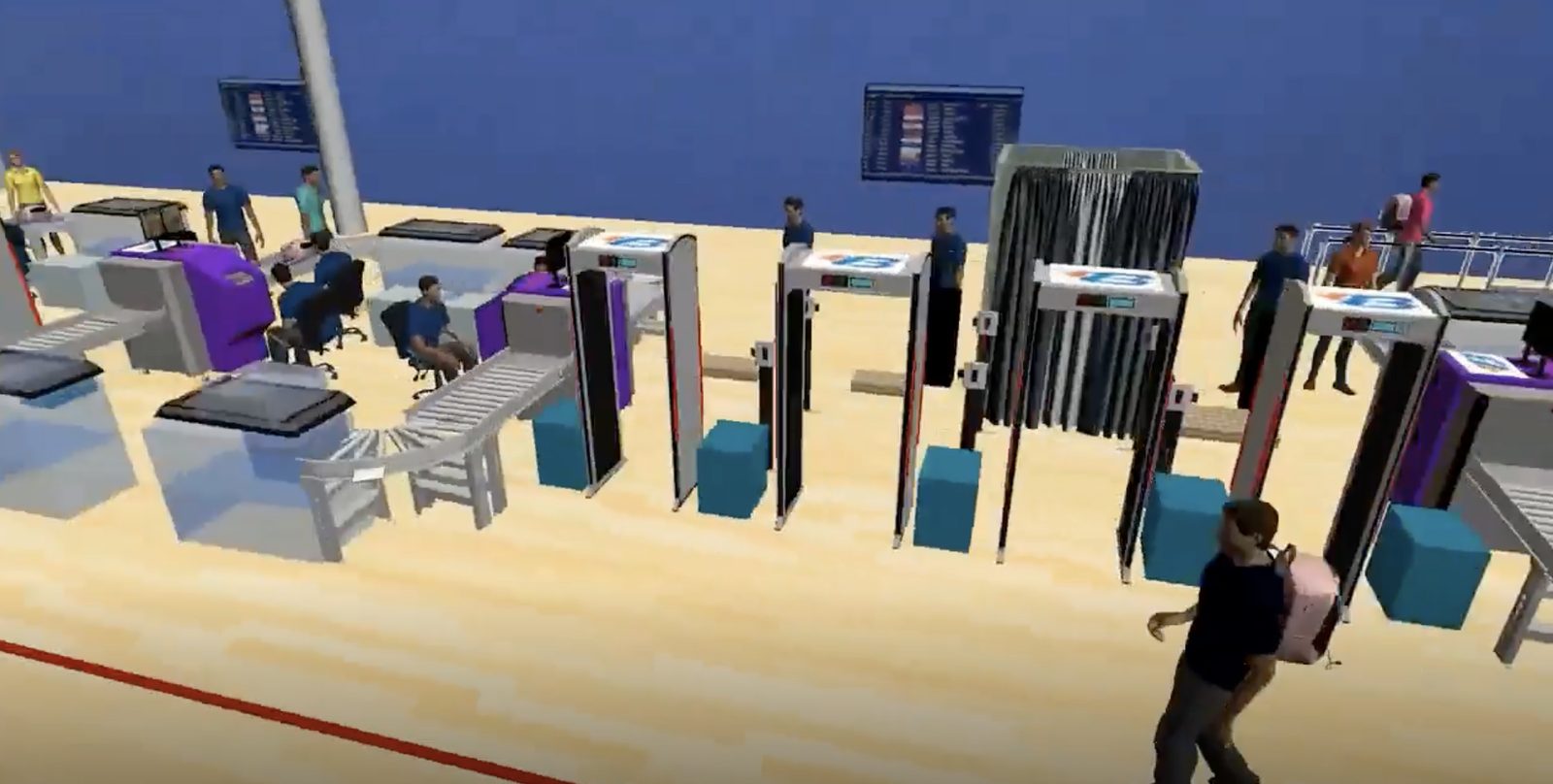 FlexSim model of security screening lanes with X-ray machines, trays and walk-through detectors