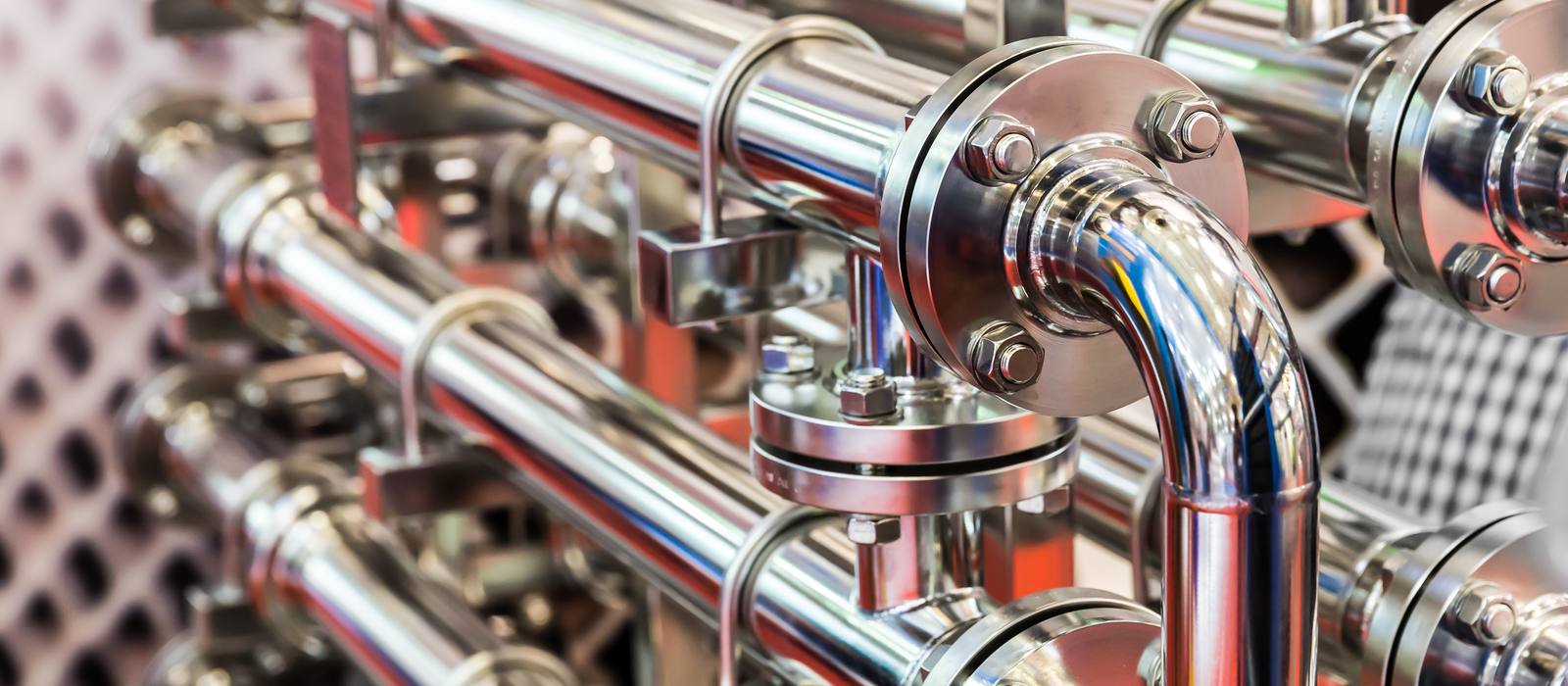 Flanged stainless steel process pipework with valves
