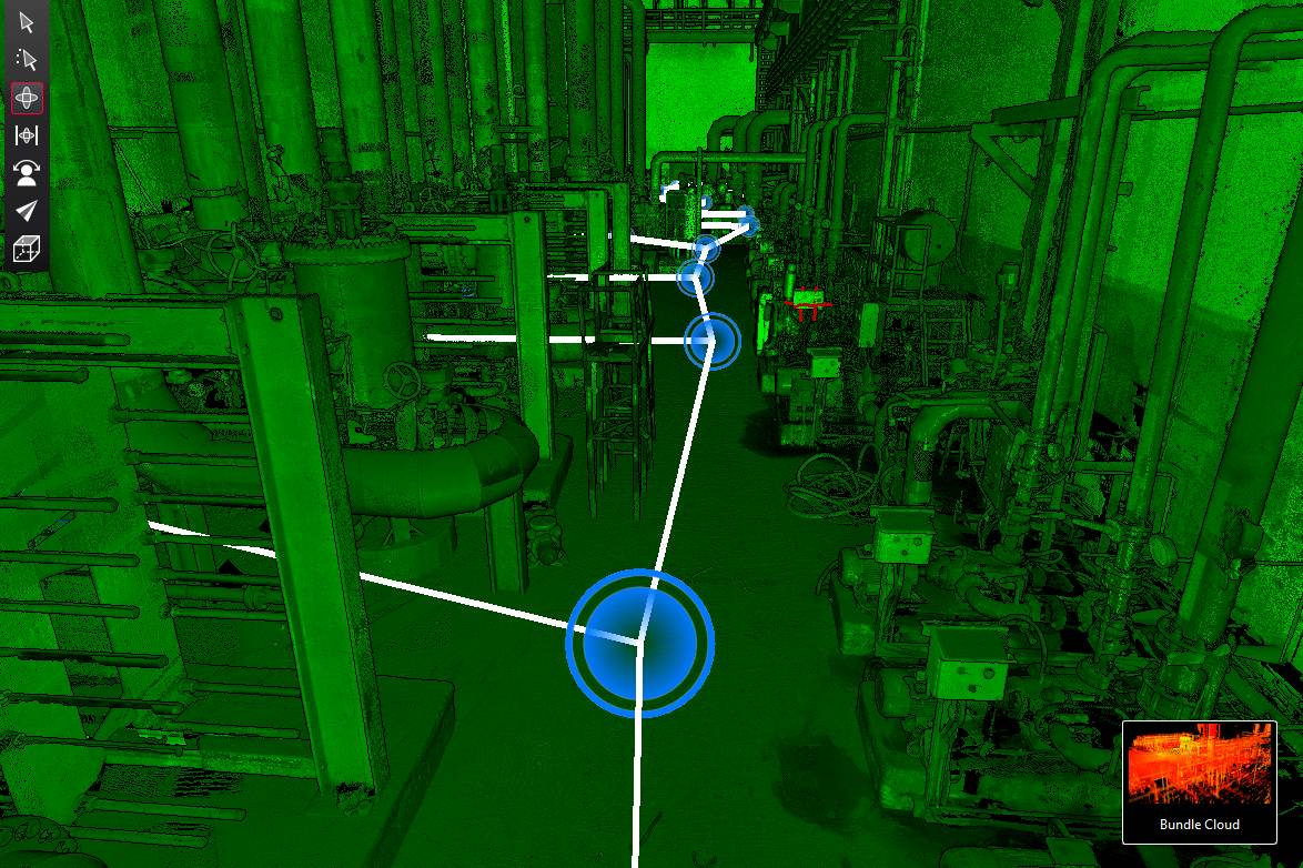 Intensity-coloured point cloud of a pump and piping area with linked scan positions