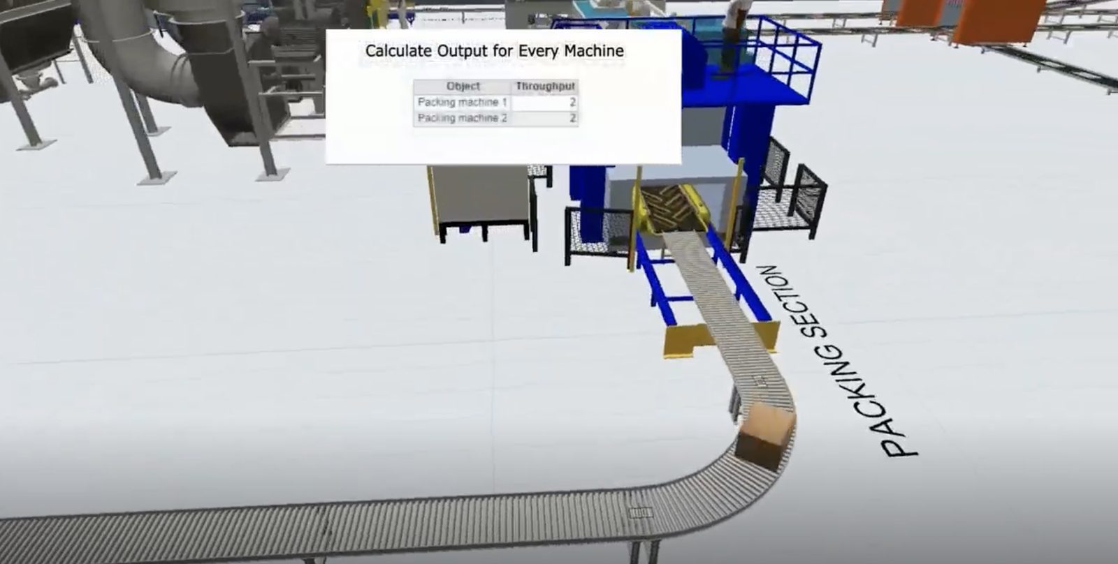 VB simulation of a packing section with a panel calculating output for every machine