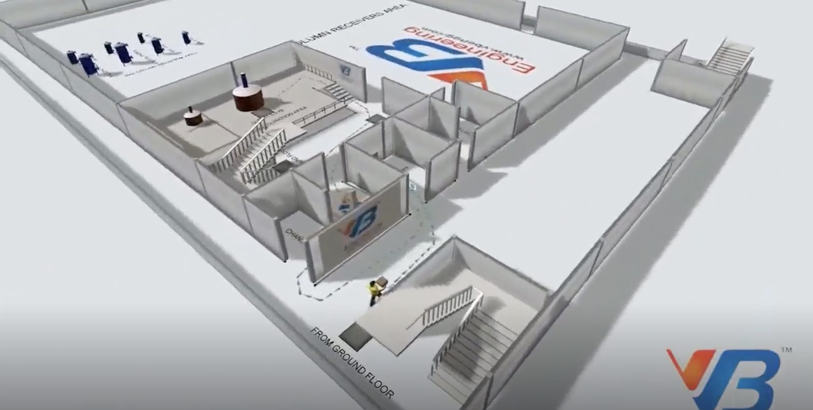 VB material flow simulation of a process shop floor: plan view of the rooms, stairs and the route an operator takes between them