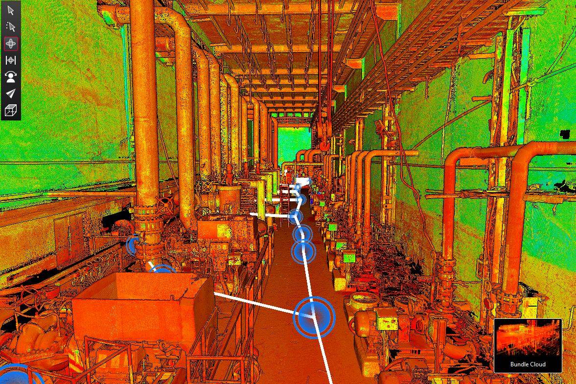 Intensity-coloured point cloud of a piping corridor with scan positions