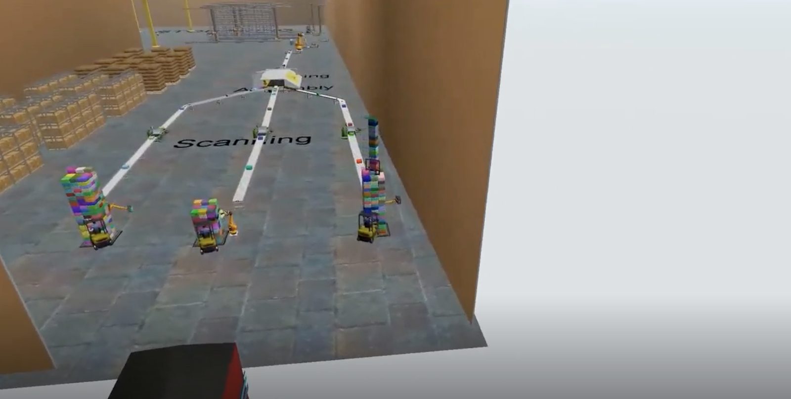 FlexSim cargo handling model with scanning lanes and automated guided vehicles carrying goods