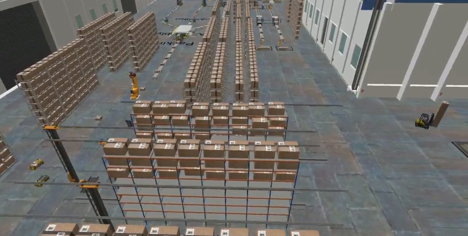 Overview of a FlexSim container freight station model with pallet racking, conveyors and loading docks
