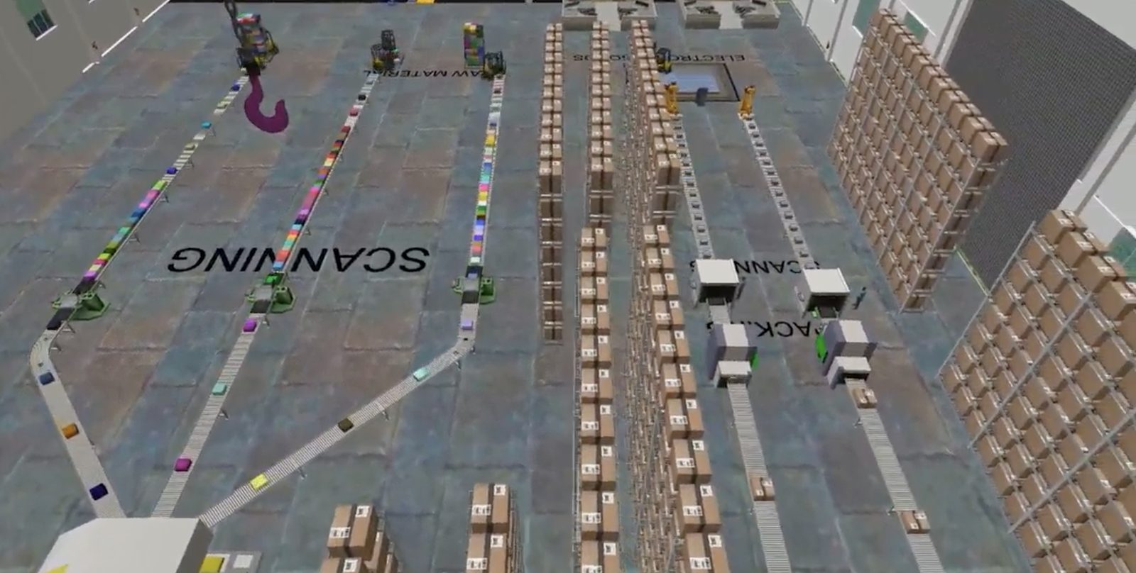 FlexSim 3D model of a container freight station with scanning lanes, racking and material handling equipment
