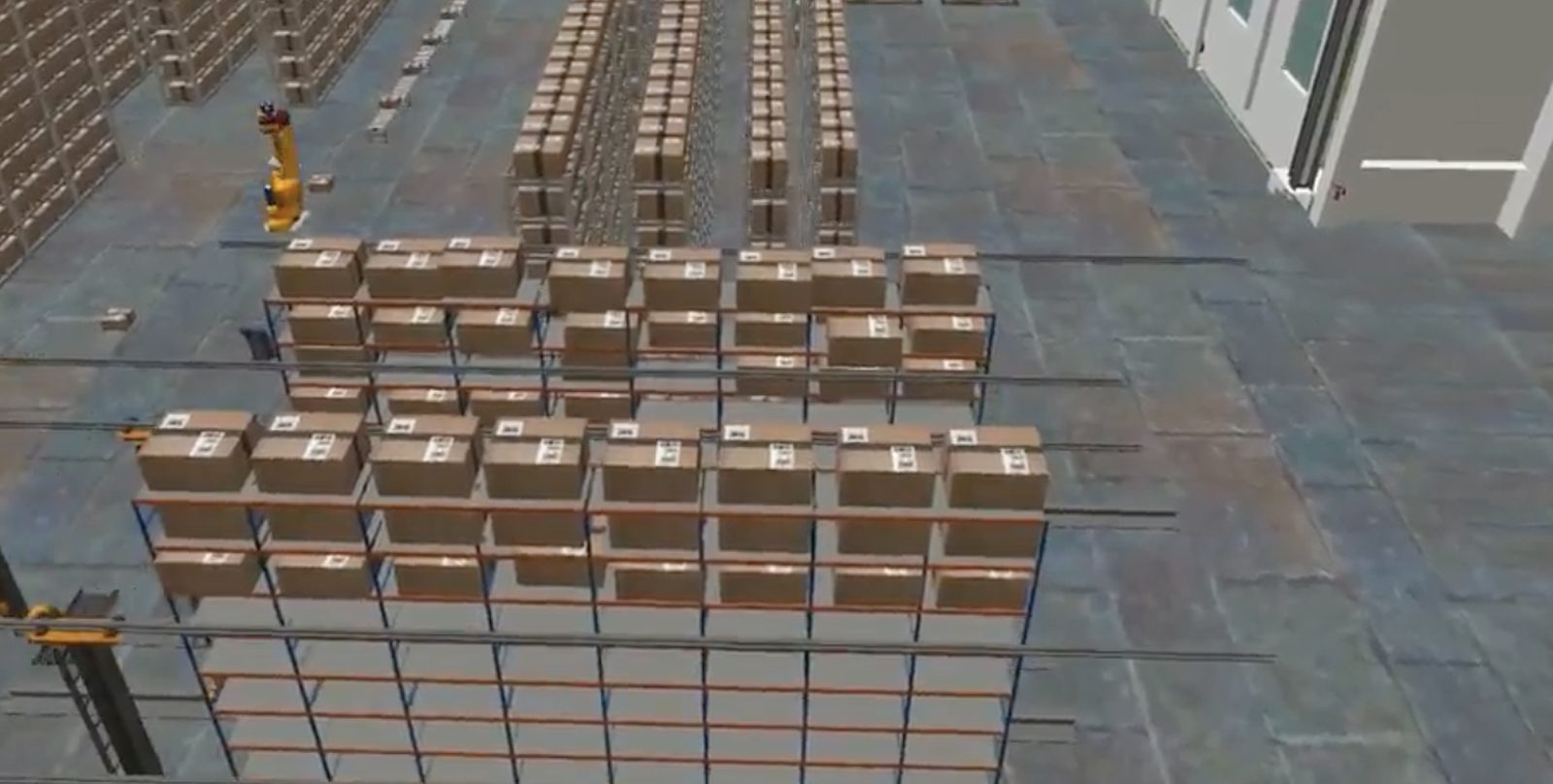 Overview of pallet stacks and racking in a FlexSim warehouse model with a forklift in the aisle