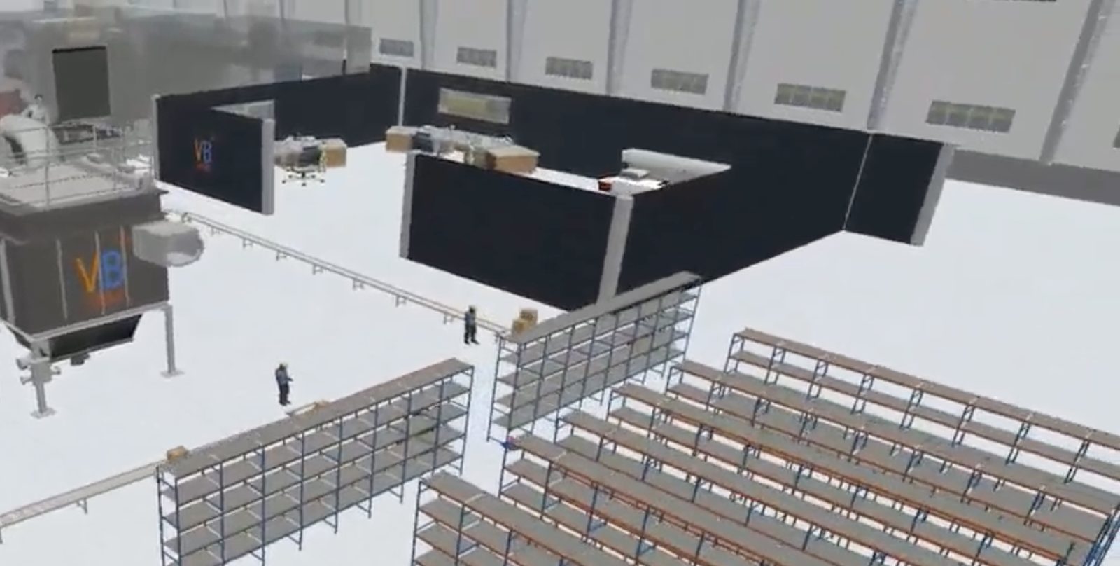 FlexSim 3D model of a warehouse hall with selective pallet racking, conveyors and packing machines