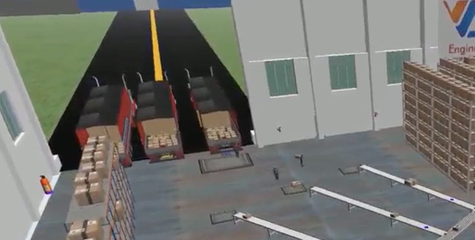 Trucks backed onto the dock doors of a FlexSim warehouse model with a dispatch conveyor and racking