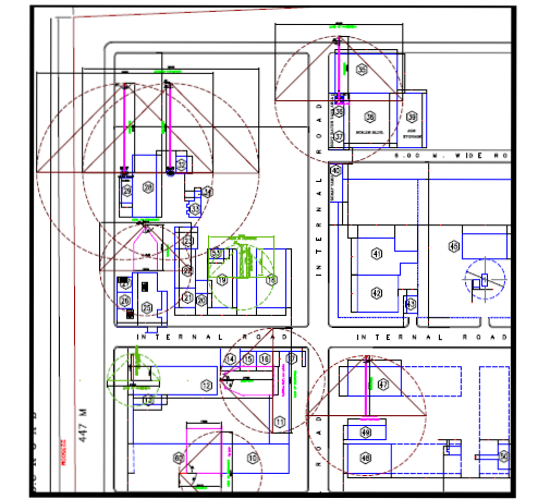 Plant layout from a VB lightning protection design with the protection zone of each air terminal drawn as a circle over the buildings