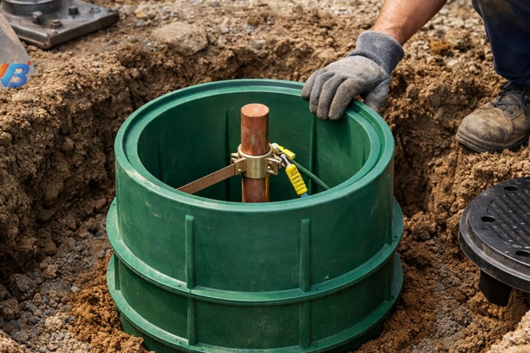 Technician fitting the clamp that joins the down conductor to an earth electrode inside a pit chamber
