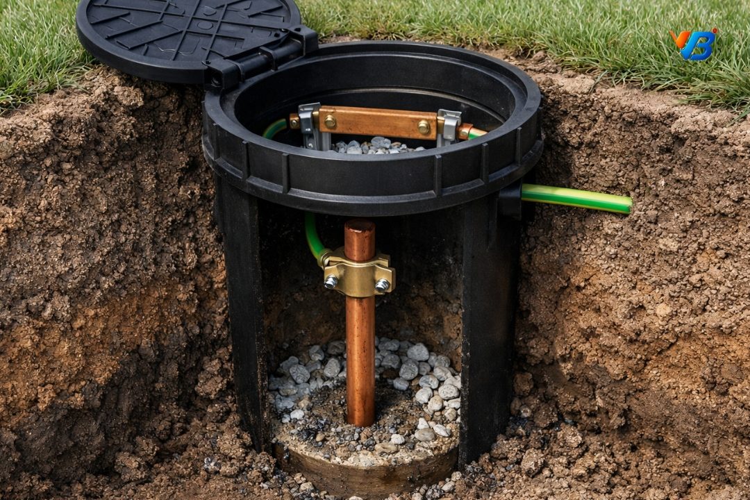 Earth electrode in an inspection pit with the conductor clamped to the rod and the pit cover beside it