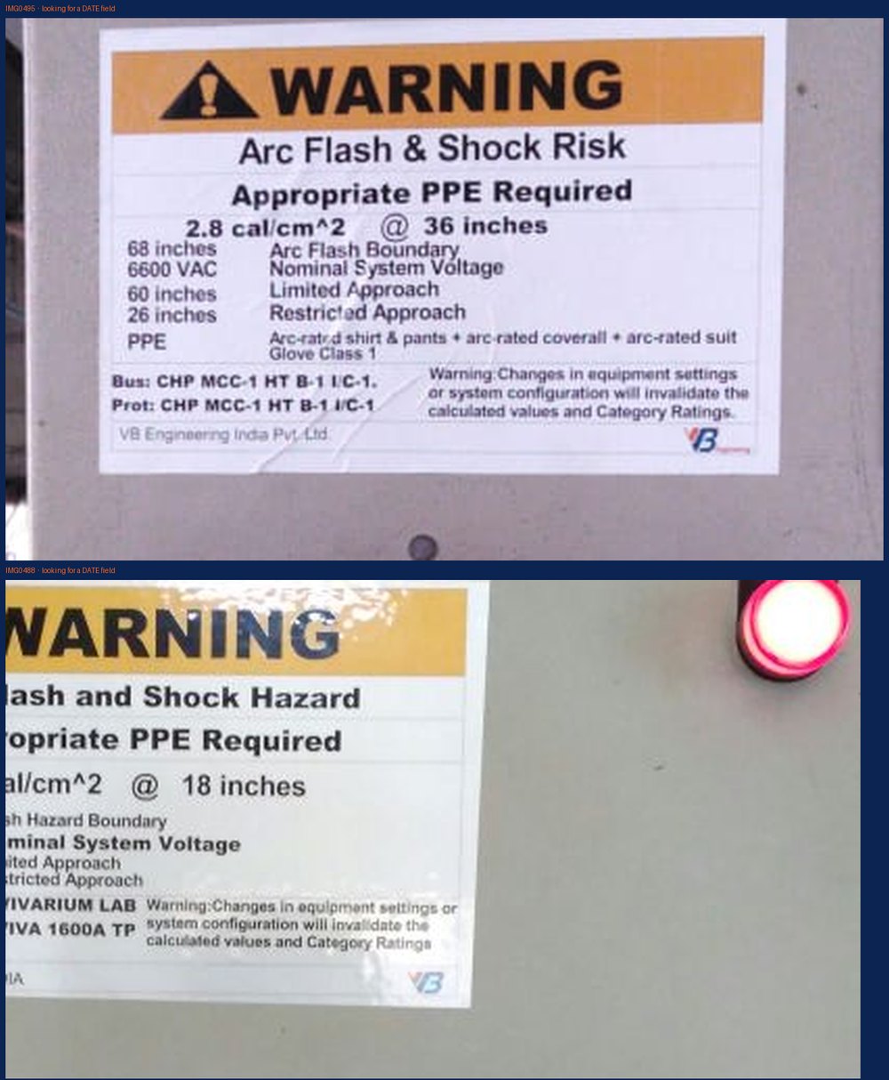 Installed VB Engineering arc flash warning label on a 6.6 kV panel reading 2.8 cal/cm2 at 36 inches