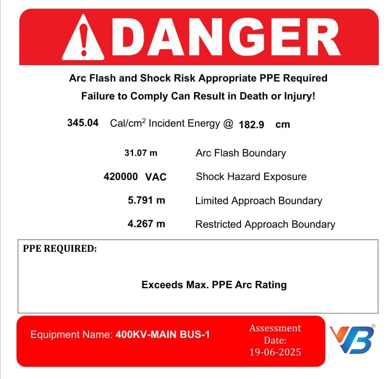 VB Engineering danger label showing 345 cal/cm2 incident energy on a 420 kV main bus, exceeding the maximum PPE arc rating, with assessment date