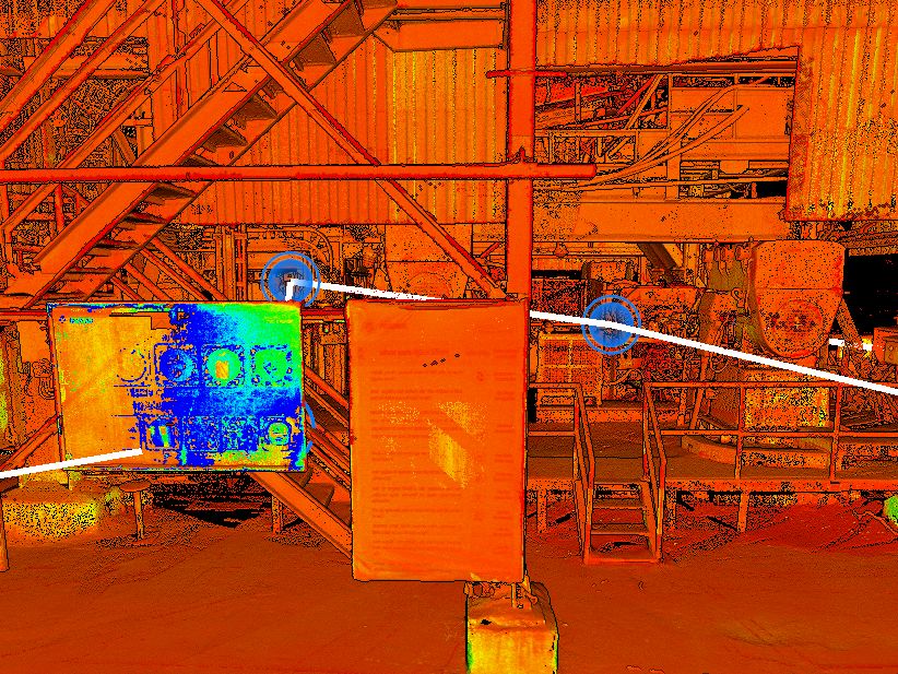 Intensity-coloured point cloud of a plant structure with equipment highlighted