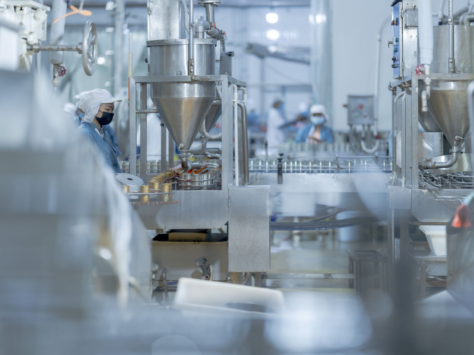 Workers in protective clothing on a food production line