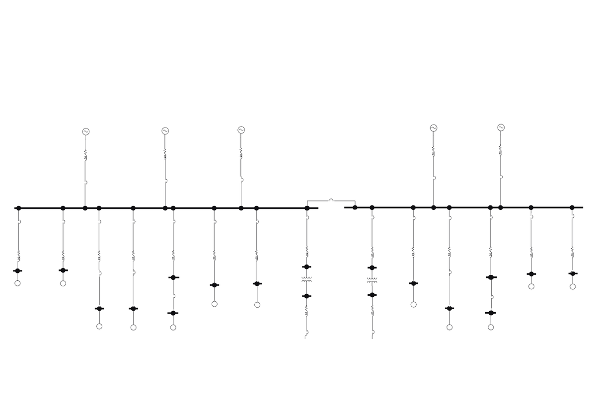 Single line diagram of a plant network with utility, generator and solar sources feeding main and feeder buses