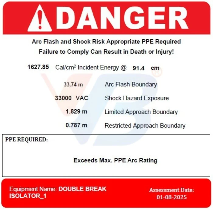 English NFPA 70E DANGER arc flash label · DOUBLE BREAK ISOLATOR_1 · 1627.85 cal per cm squared