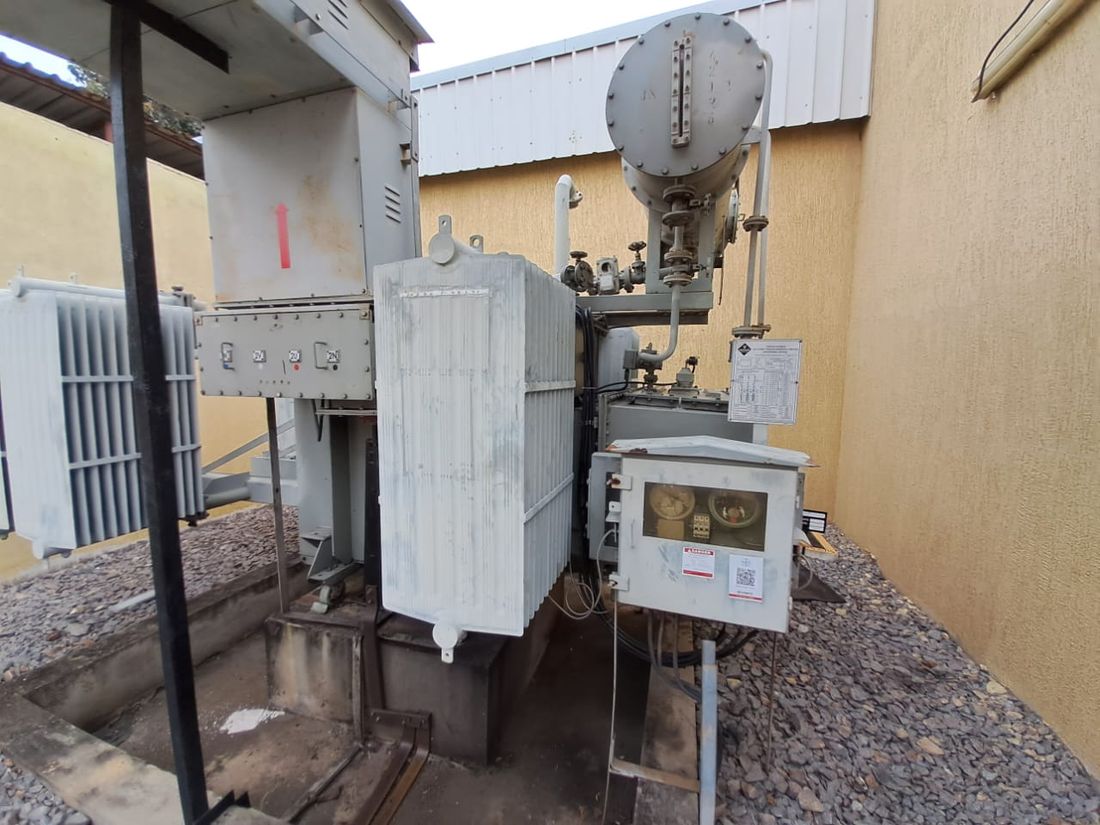 Outdoor distribution transformer with visible nameplate · the kind of asset every VB Arc360 walkdown photographs and uploads to ElecTwin · real field photo
