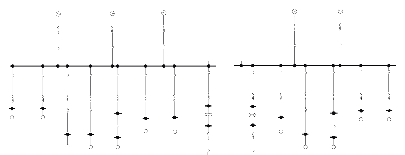 Extract of a VB single line diagram model showing five generators, two main buses with a bus tie, outgoing feeders and two step-down transformers