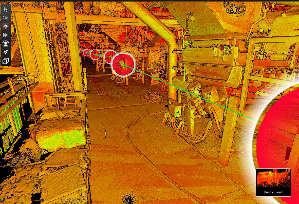Intensity-coloured LiDAR point cloud of a plant interior with scan positions marked, captured by VB and loaded into the plant's digital twin